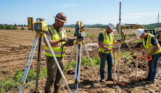 Contractor performing land elevation and drainage flow analysis on rural North Missouri property using surveying equipment