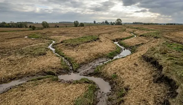 Severe erosion gullies cutting through North Missouri farmland caused by uncontrolled stormwater runoff