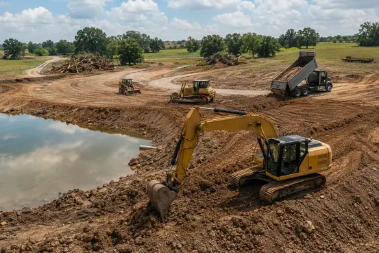 North Missouri excavation crew clearing land and excavating pond