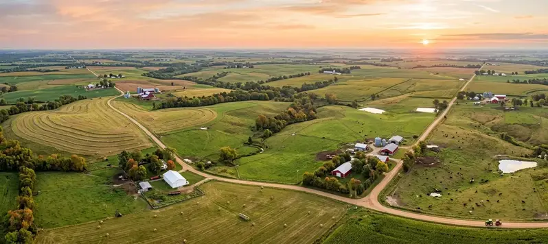 Rolling North Missouri farm country showing pastureland, ponds, roads and agricultural infrastructure