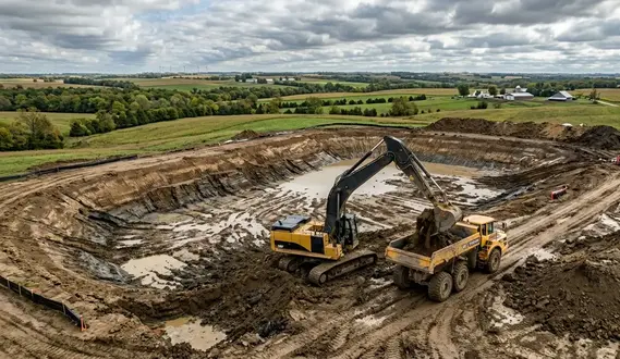Excavator digging large farm pond on North Missouri acreage