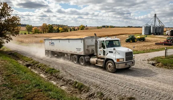 Gravel farm access road in North Missouri supporting grain truck and agricultural equipment traffic
