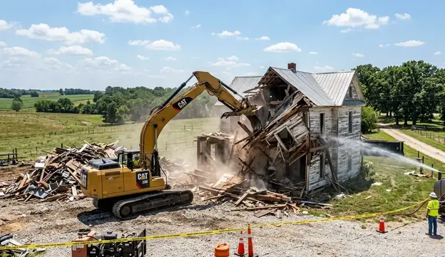 Controlled farmhouse demolition on a rural North Missouri property using a hydraulic excavator