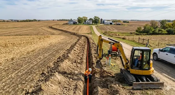 Fiber optic conduit trenching for rural high-speed internet installation on a North Missouri property