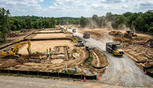 Excavation site showing grading, trenching, and driveway construction after land clearing