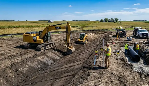 Professional grading contractor shaping drainage swales and installing drainage infrastructure on a North Missouri property