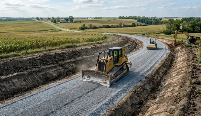 New gravel driveway construction on rural acreage in North Missouri with bulldozer shaping road crown and drainage ditches