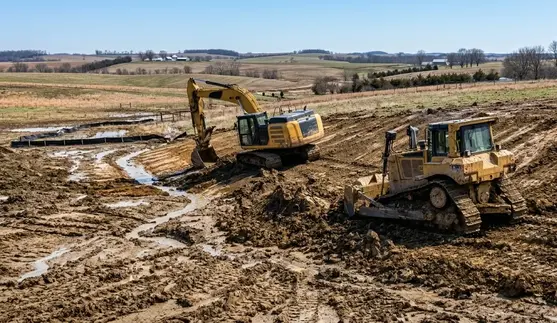 Heavy grading equipment reshaping rural North Missouri land for drainage correction and erosion control