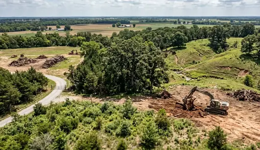 Heavy equipment clearing dense trees and brush on rural North Missouri land