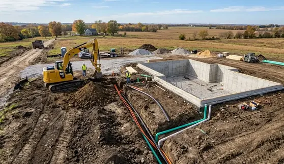 Underground utility installation for new home construction on a North Missouri building site with water, electric, gas, and fiber service trenches