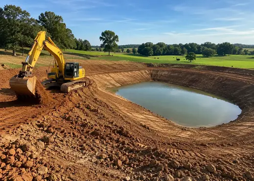Excavator building large farm pond on rural North Missouri property