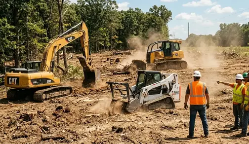 Professional excavation crew operating skid steer and excavator on Missouri land clearing project