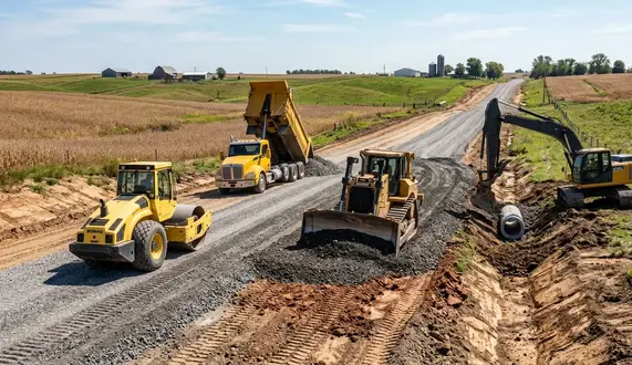 Bulldozer, excavator, compaction equipment, and dump trucks building a gravel road in North Missouri