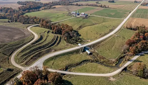 Aerial view of rural roads, farmland, drainage patterns and rolling terrain across North Missouri