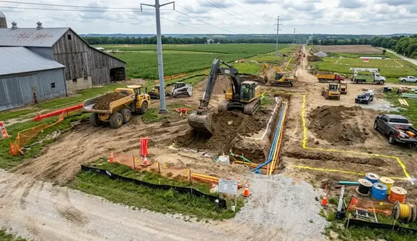 Long utility corridor installation across a large rural North Missouri property with underground routes for water, electric, and fiber utilities