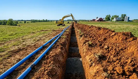 Rural water line trenching project across a North Missouri acreage property with excavator installing underground water service