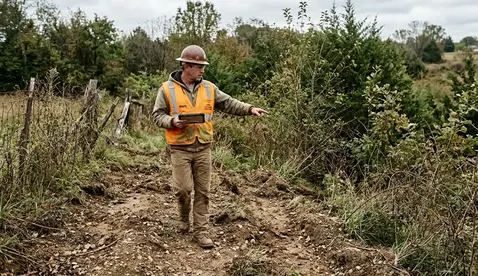 Land clearing contractor walking rural Missouri property evaluating terrain and vegetation
