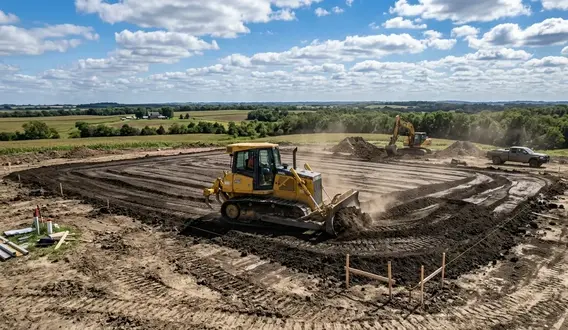 Bulldozer grading and preparing a rural construction site in North Missouri