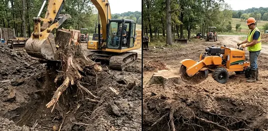 Side by side comparison of full stump removal versus stump grinding in Missouri soil