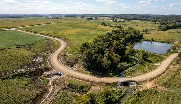 North Missouri terrain affecting driveway construction including clay hills, farmland, timber ground, drainage swales, and gravel access roads