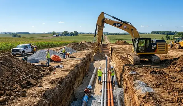 Completed underground utility infrastructure installation across a North Missouri rural development property with water, electric, gas, and fiber utility corridors