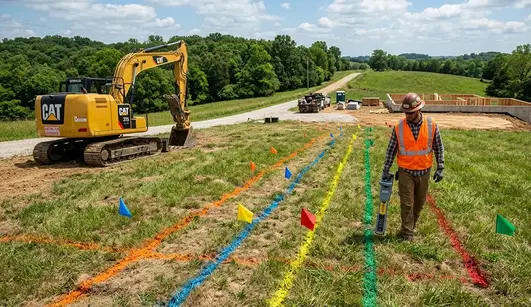 Underground utility locate markings and utility flags on a rural North Missouri construction site before trench excavation