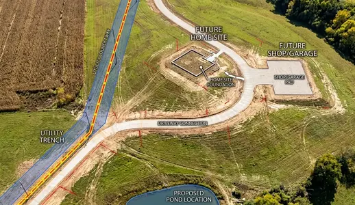 Utility corridor planning across a large North Missouri acreage property with future building sites, driveways, and underground utility routes