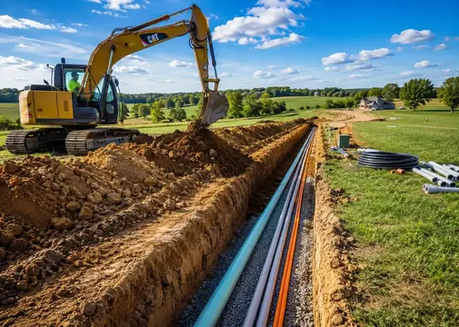 Utility trenching excavation for water, electric, and fiber lines in rural North Missouri