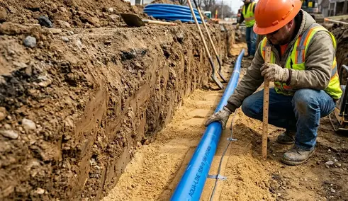 Water line bedding installation in a utility trench on a rural North Missouri property with proper gravel base preparation