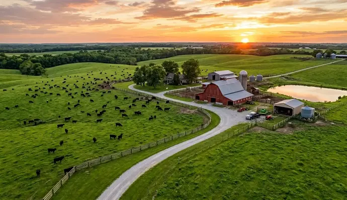 Working cattle farm in North Missouri showing pasture improvements, pond, roads, and agricultural infrastructure