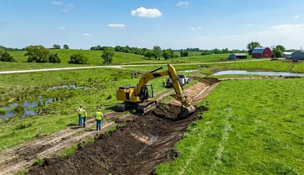 North Missouri pasture drainage improvement project showing grading work, runoff management, and reclaimed grazing land