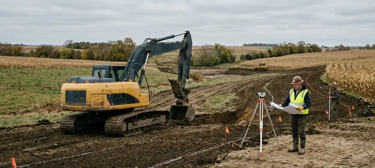Excavator and contractor evaluating rural pond site with watershed and elevation layout in North Missouri