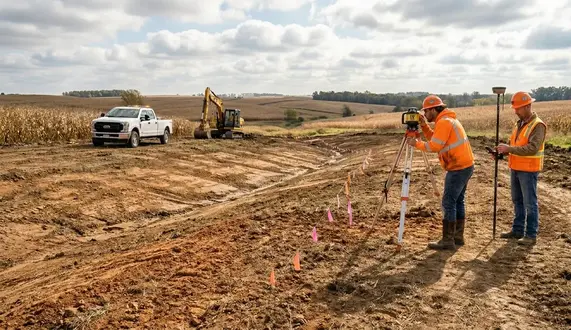 Contractor evaluating elevation and drainage patterns on rural construction site before excavation begins in North Missouri