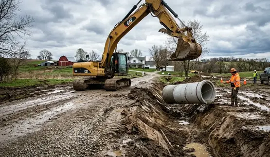 Excavator installing large drainage culvert beneath rural gravel driveway