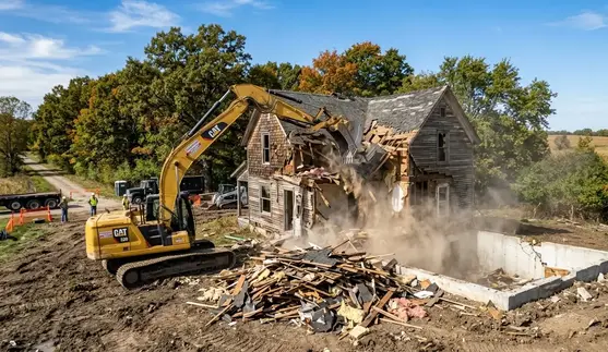 Excavator demolishing an abandoned rural house in North Missouri