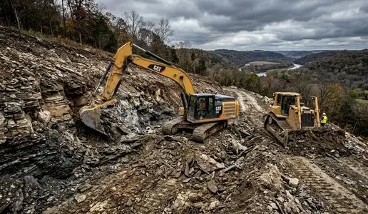 Heavy excavation equipment working through rocky rural terrain in Missouri