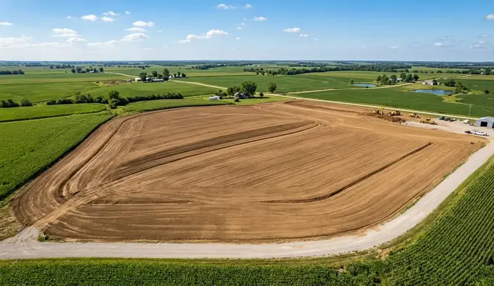 Graded demolition site prepared for redevelopment after structure removal in North Missouri