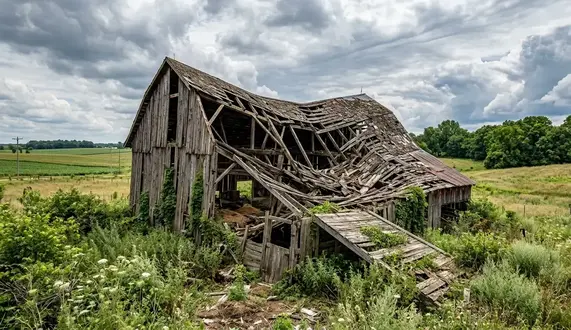 Unsafe abandoned barn deteriorating on a North Missouri farm property