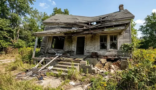 Severely damaged structure with foundation failure and collapsing walls