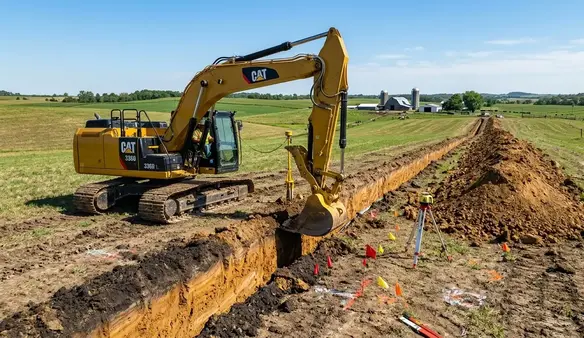 Excavation contractor planning utility trench routes across a rural acreage property in North Missouri