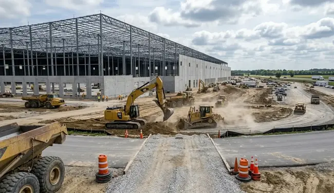 Large warehouse and distribution center site under development with grading and earthmoving operations